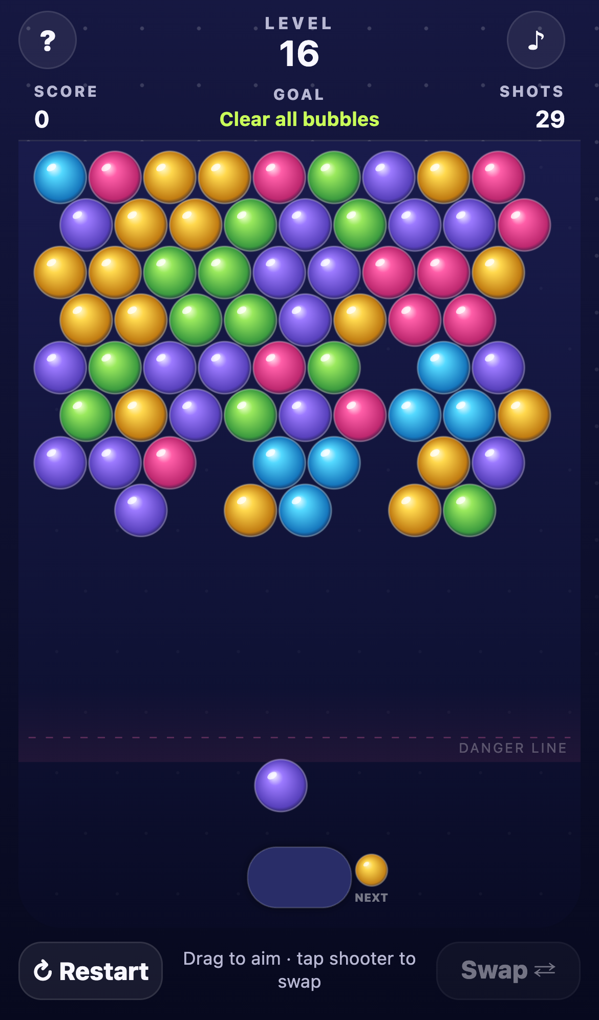 Colorful bubble clusters on the Bubble Garden board